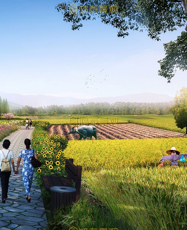新农村景观规划菜园田野旅游效果图PS素材.